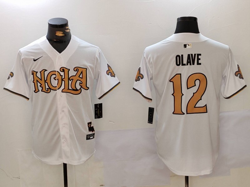 Men's New Orleans Saints #12 Chris Olave White Cool Base Stitched Baseball Jersey Men's New Orleans Saints #12 Chris Olave White Cool Base Stitched Baseball Jersey